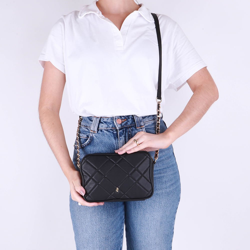 Bolsa Tiracolo Couro Preta Matelassê Preto 4
