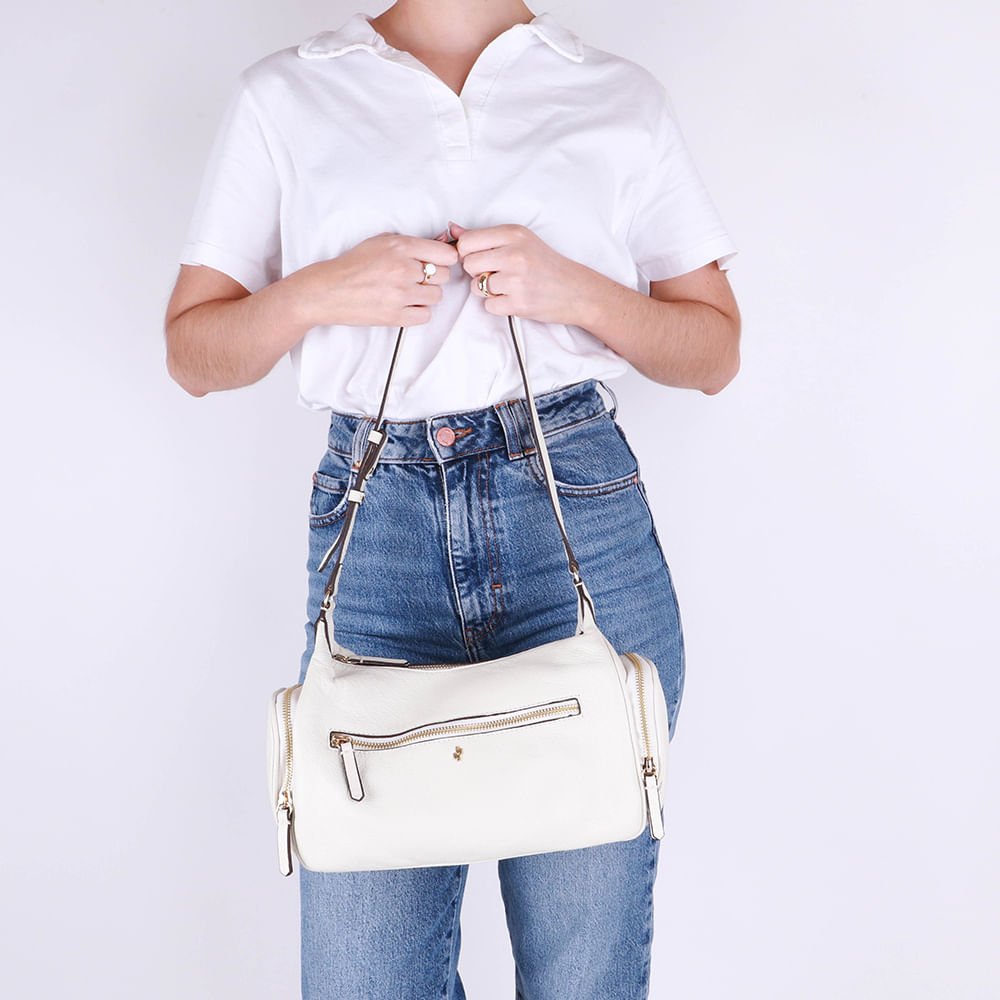 Bolsa Baguete Couro Branca Marfim Zíper Marfim 4