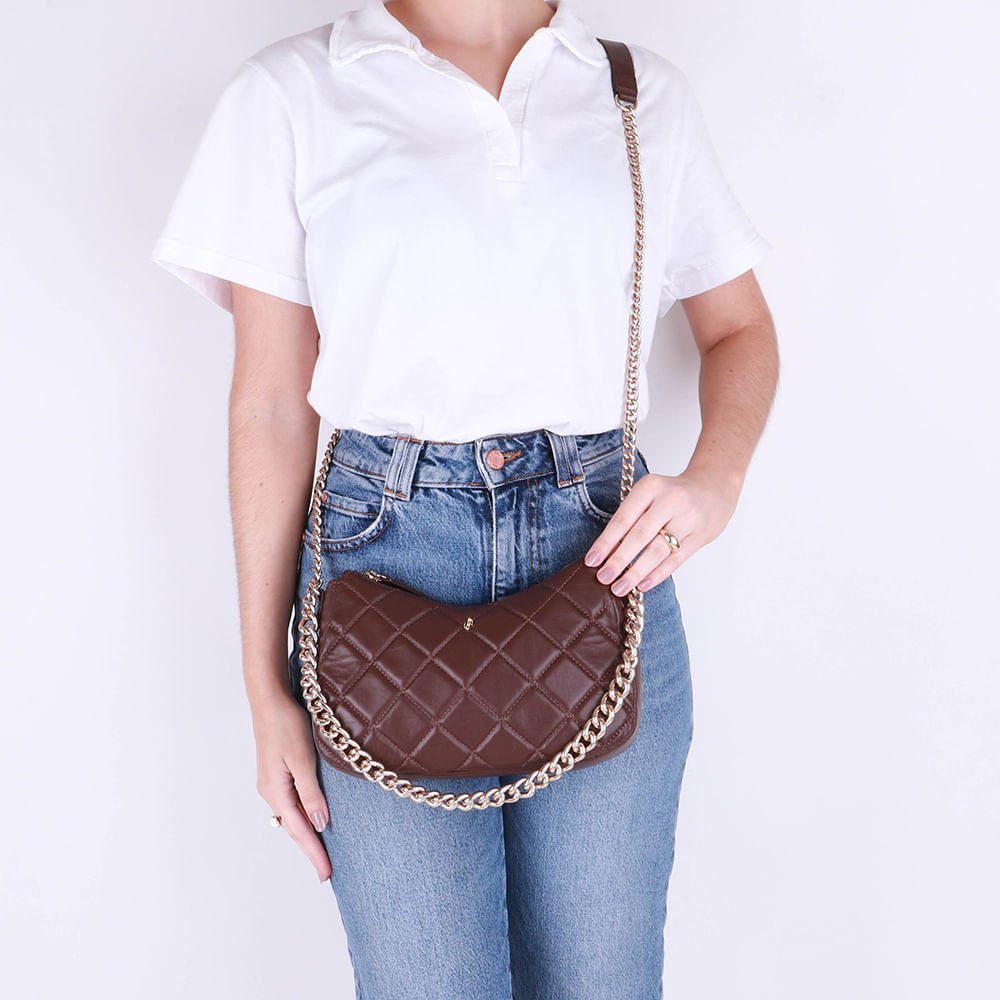 Bolsa Tiracolo Couro Marrom Matelassê Corrente Marrom 4