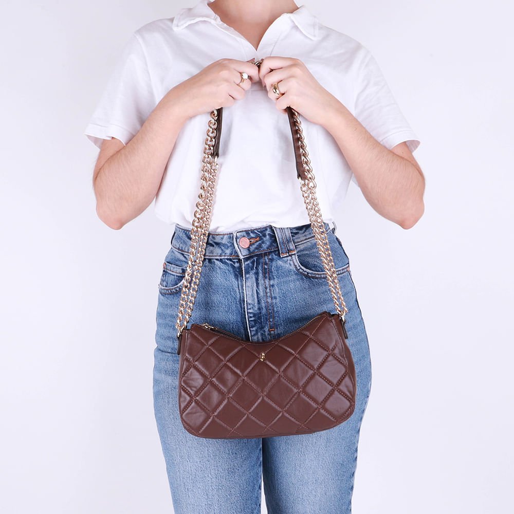 Bolsa Tiracolo Couro Marrom Matelassê Corrente Marrom 5