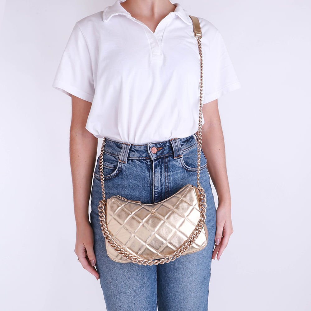 Bolsa Tiracolo Couro Dourada Matelassê Corrente Dourado 4