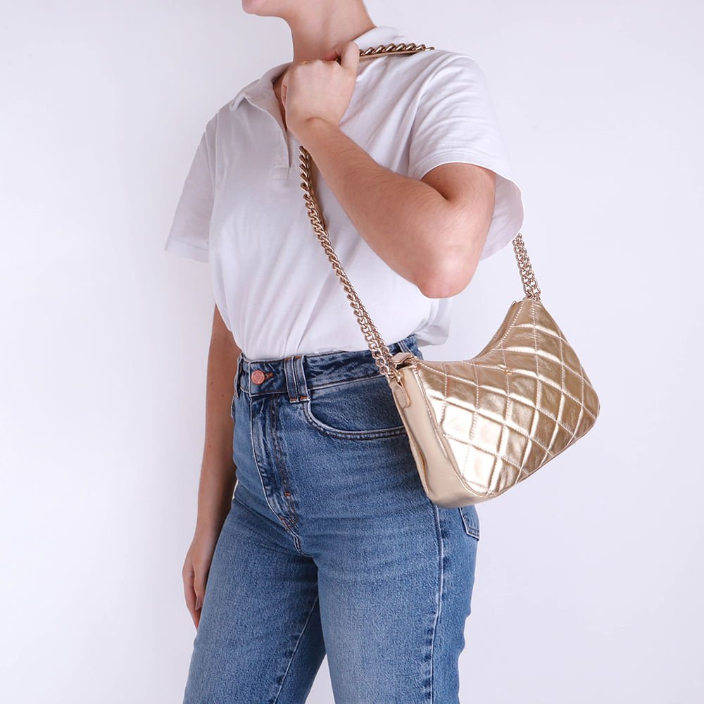 Bolsa Tiracolo Couro Dourada Matelassê Corrente Dourado 5
