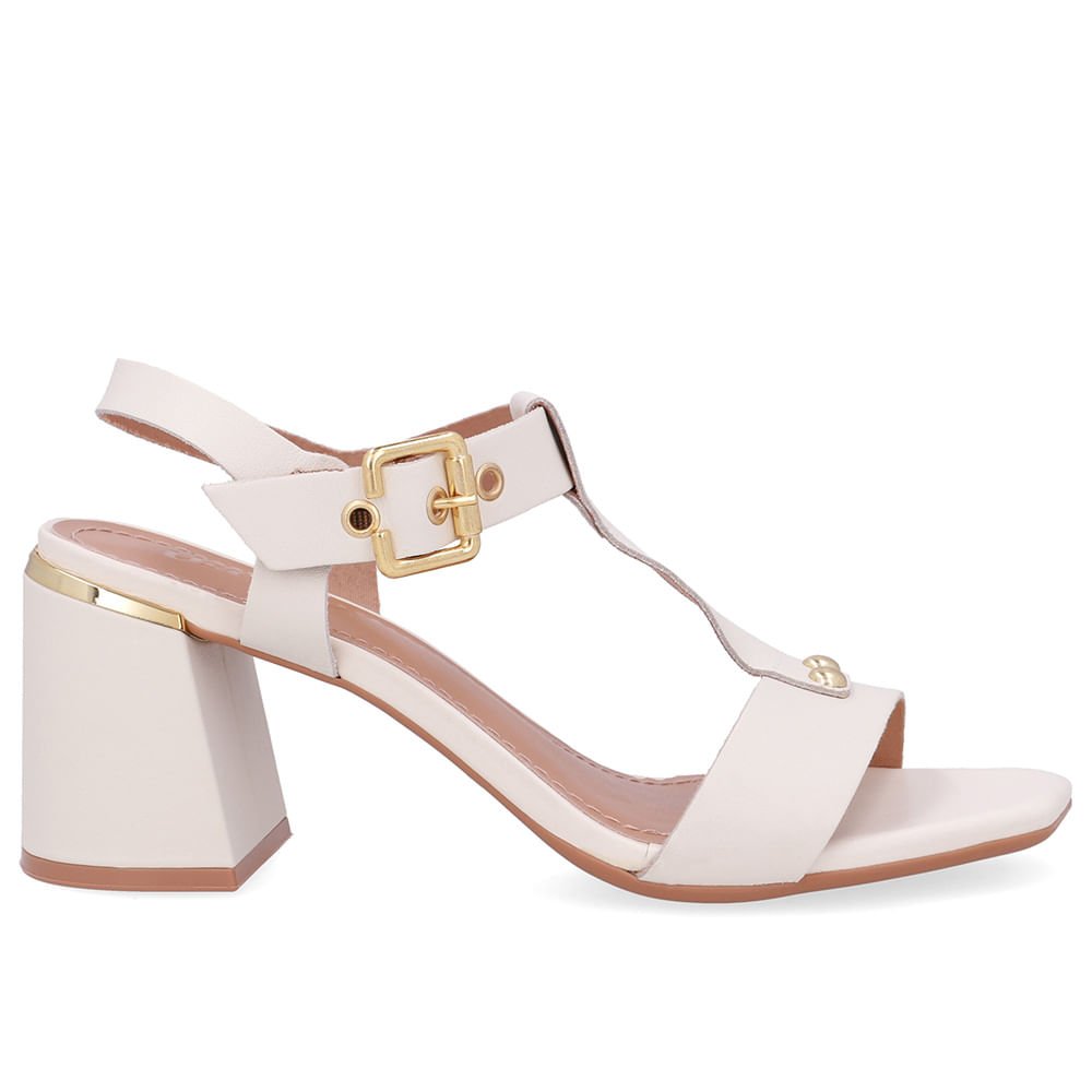 Sandália Salto Bloco Couro Branco Marfim