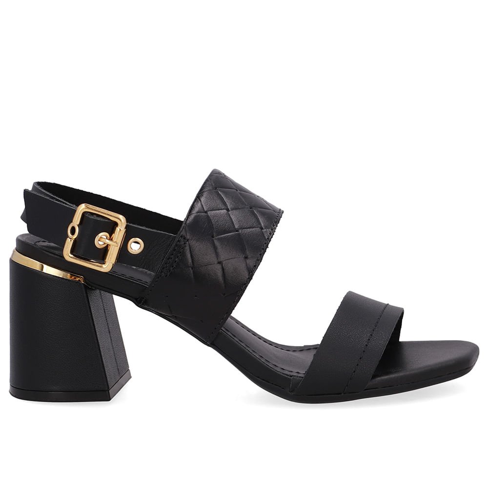 Sandália Salto Bloco Couro Preta Tramado