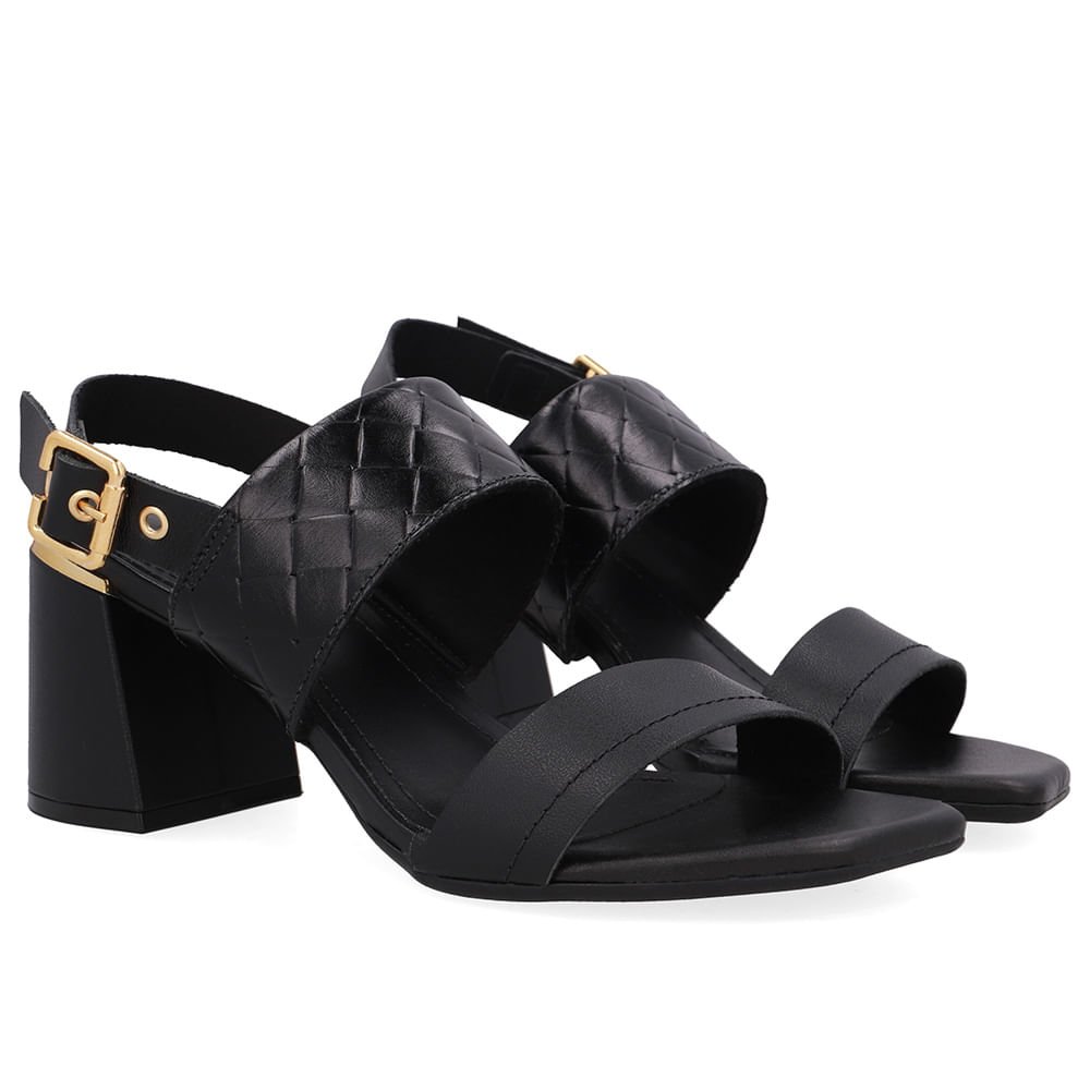 Sandália Salto Bloco Couro Preta Tramado Preto 2