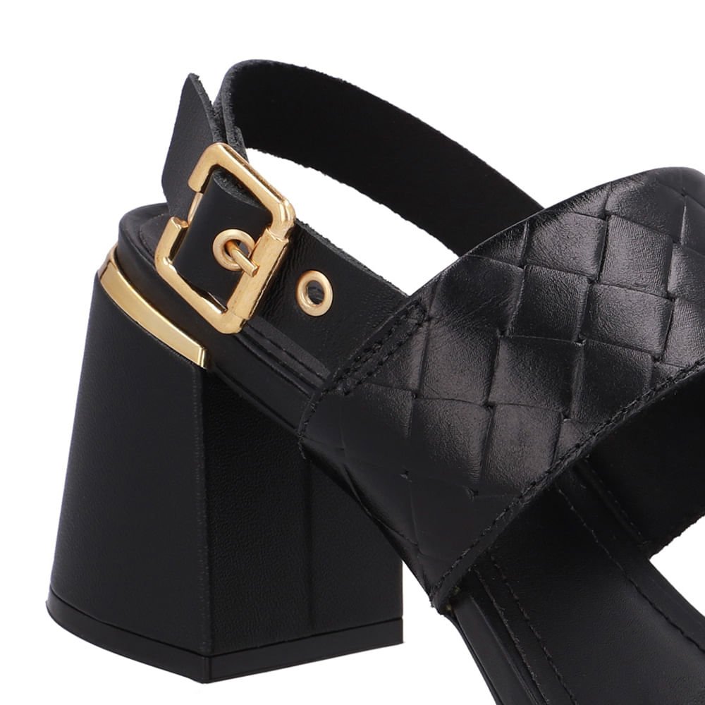 Sandália Salto Bloco Couro Preta Tramado Preto 3