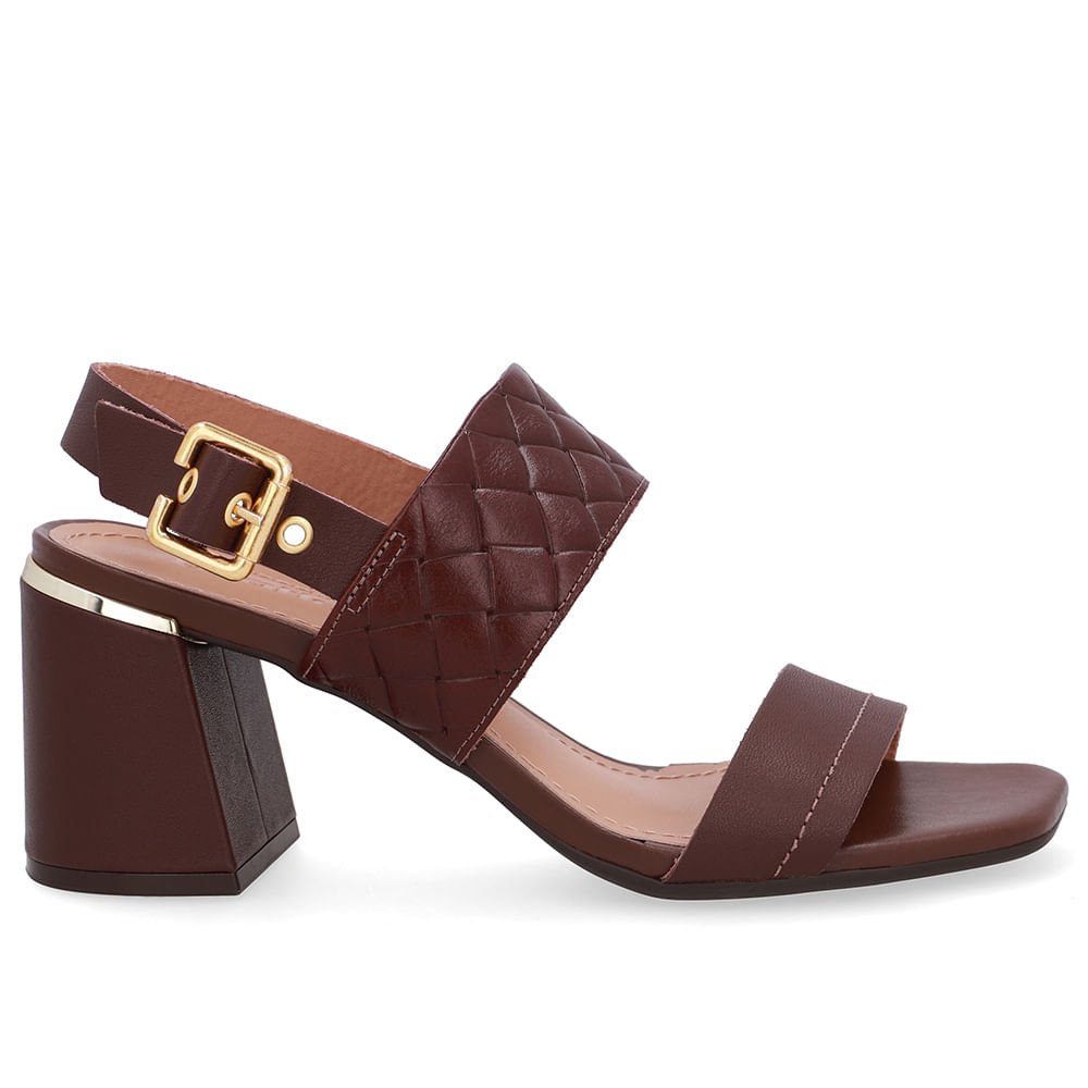 Sandália Salto Bloco Couro Marrom Tramado