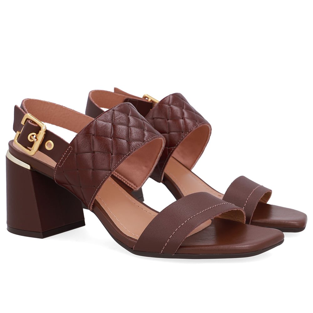 Sandália Salto Bloco Couro Marrom Tramado Marrom 2