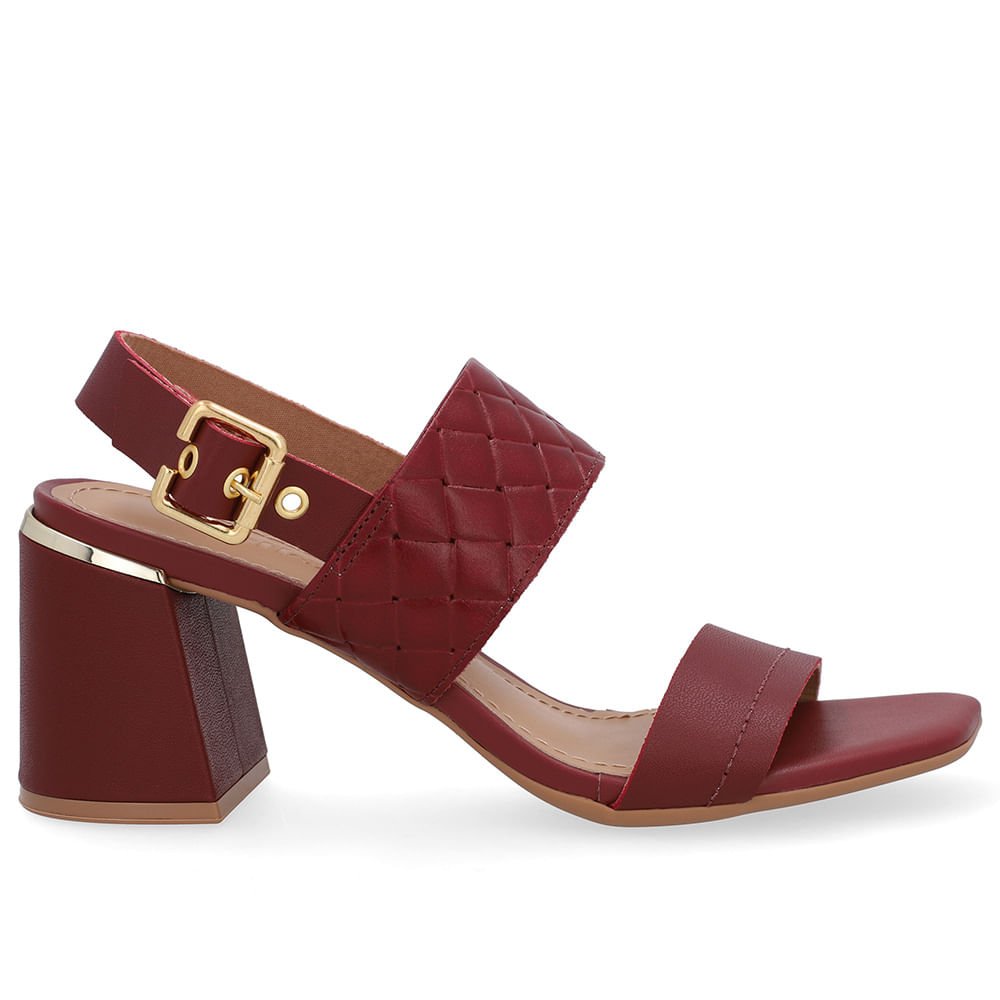 Sandália Salto Bloco Couro Vermelha Tramado