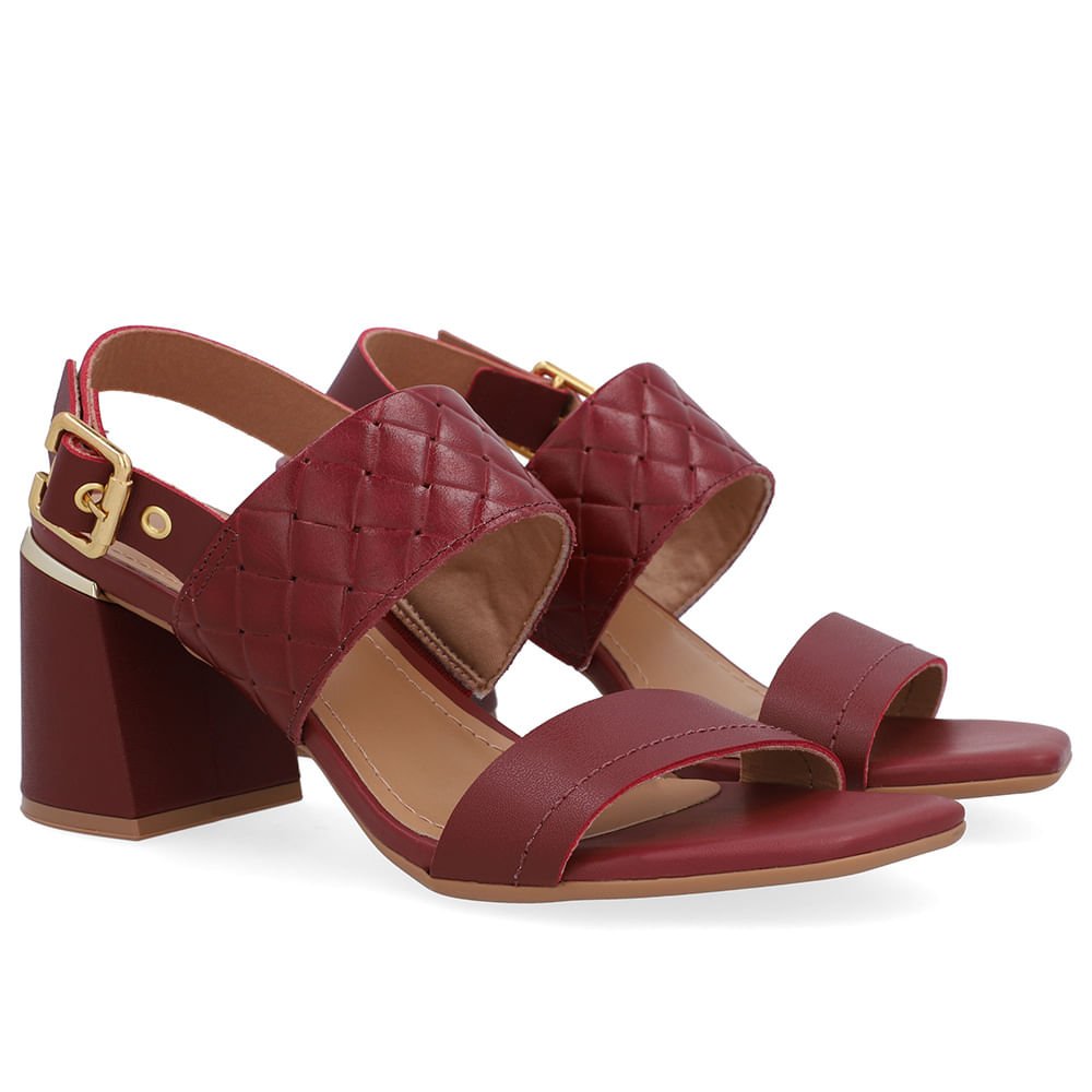 Sandália Salto Bloco Couro Vermelha Tramado Vinho 2