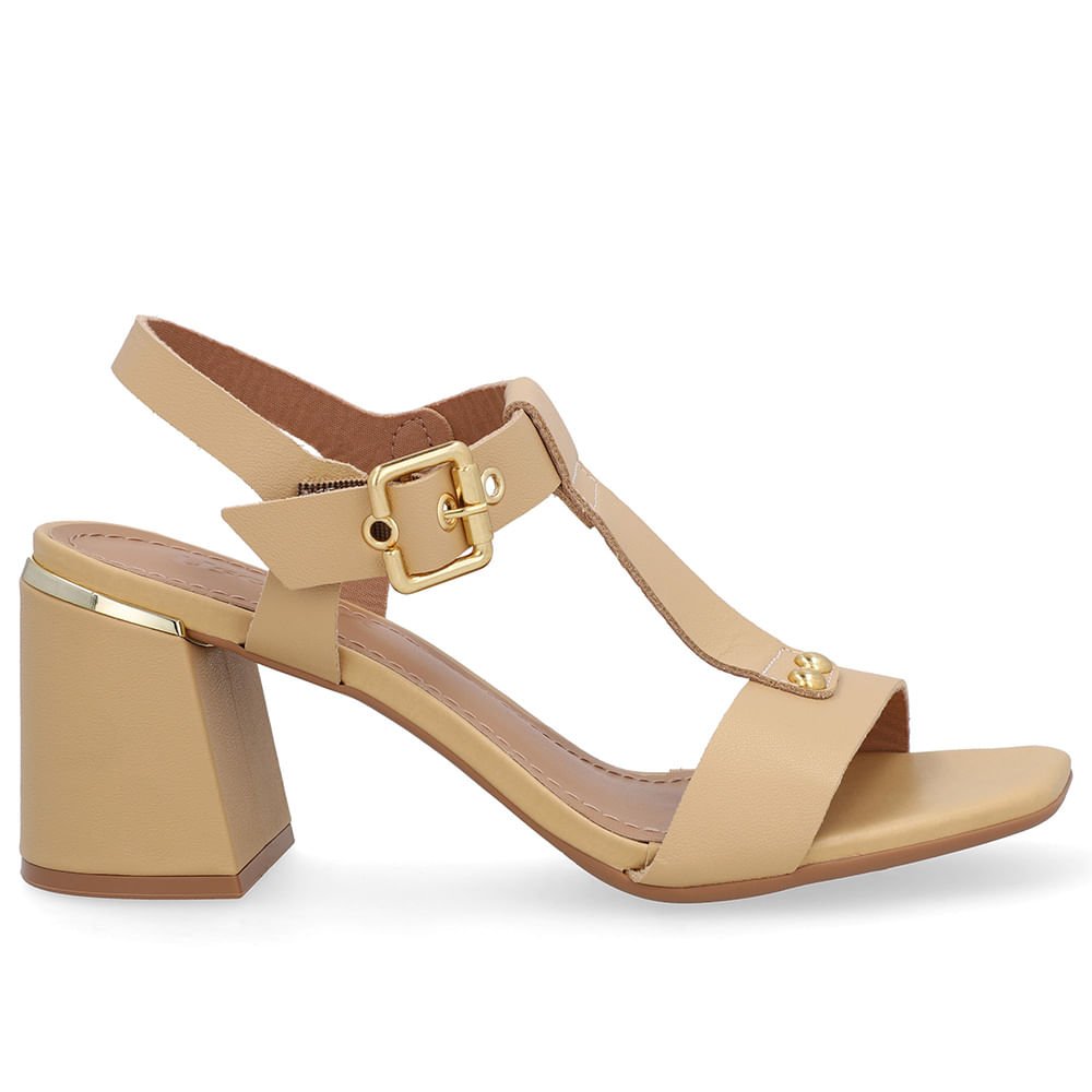 Sandália Salto Bloco Couro Bege