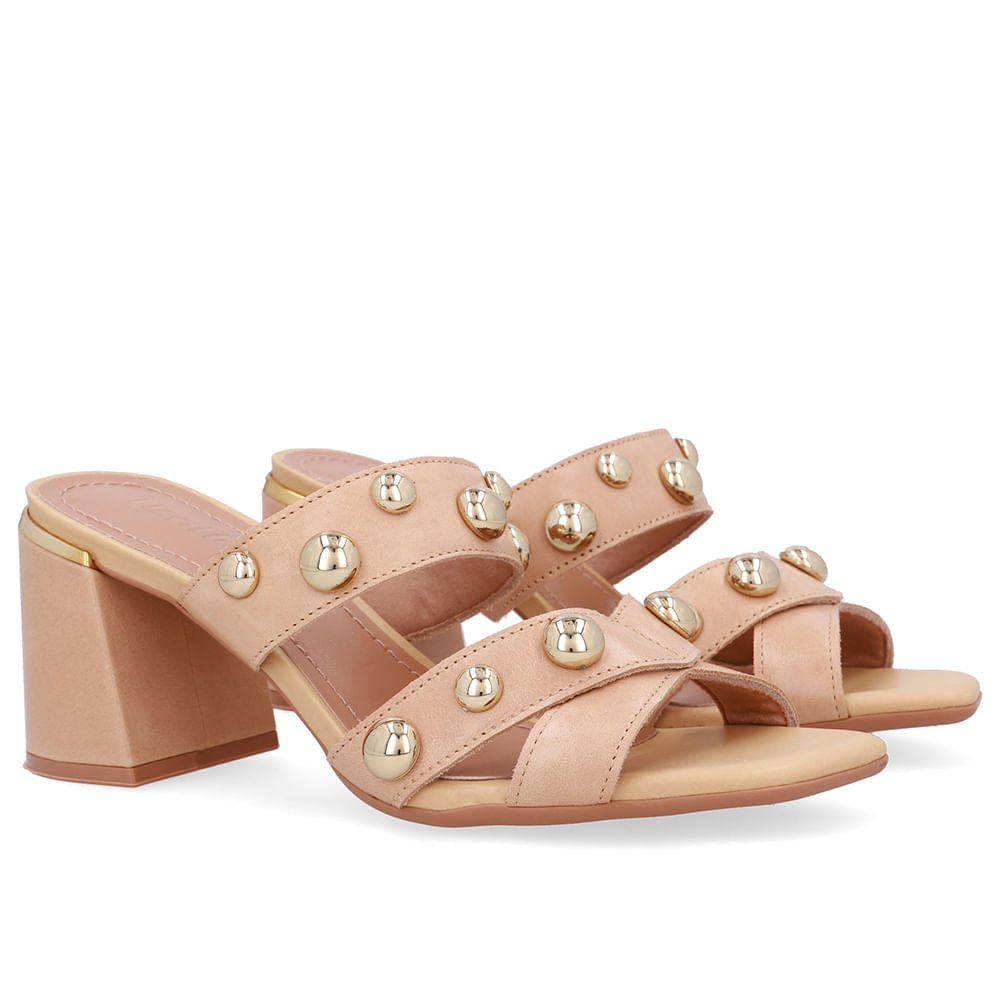 Tamanco Salto Bloco Couro Bege Esfera Bege 2