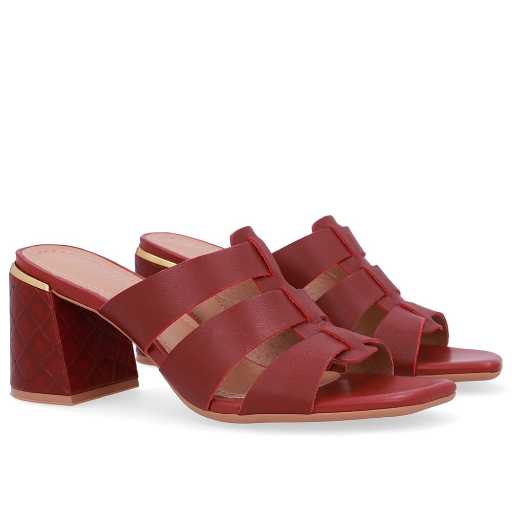 Tamanco Salto Bloco Couro Vermelho Vinho 2