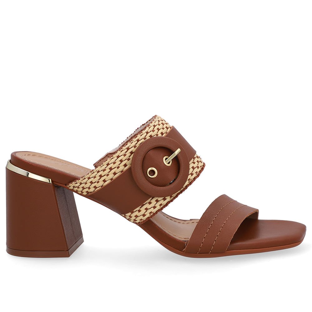 Tamanco Salto Bloco Couro Marrom Palha Marrom 1