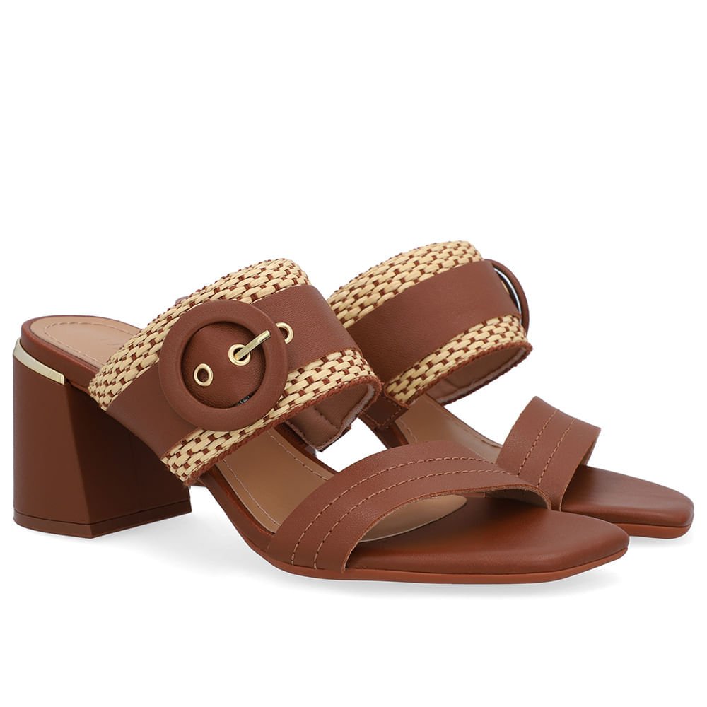 Tamanco Salto Bloco Couro Marrom Palha Marrom 2