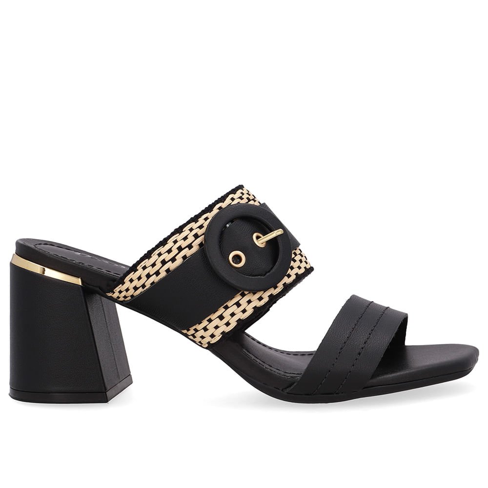 Tamanco Salto Bloco Couro Preto Palha