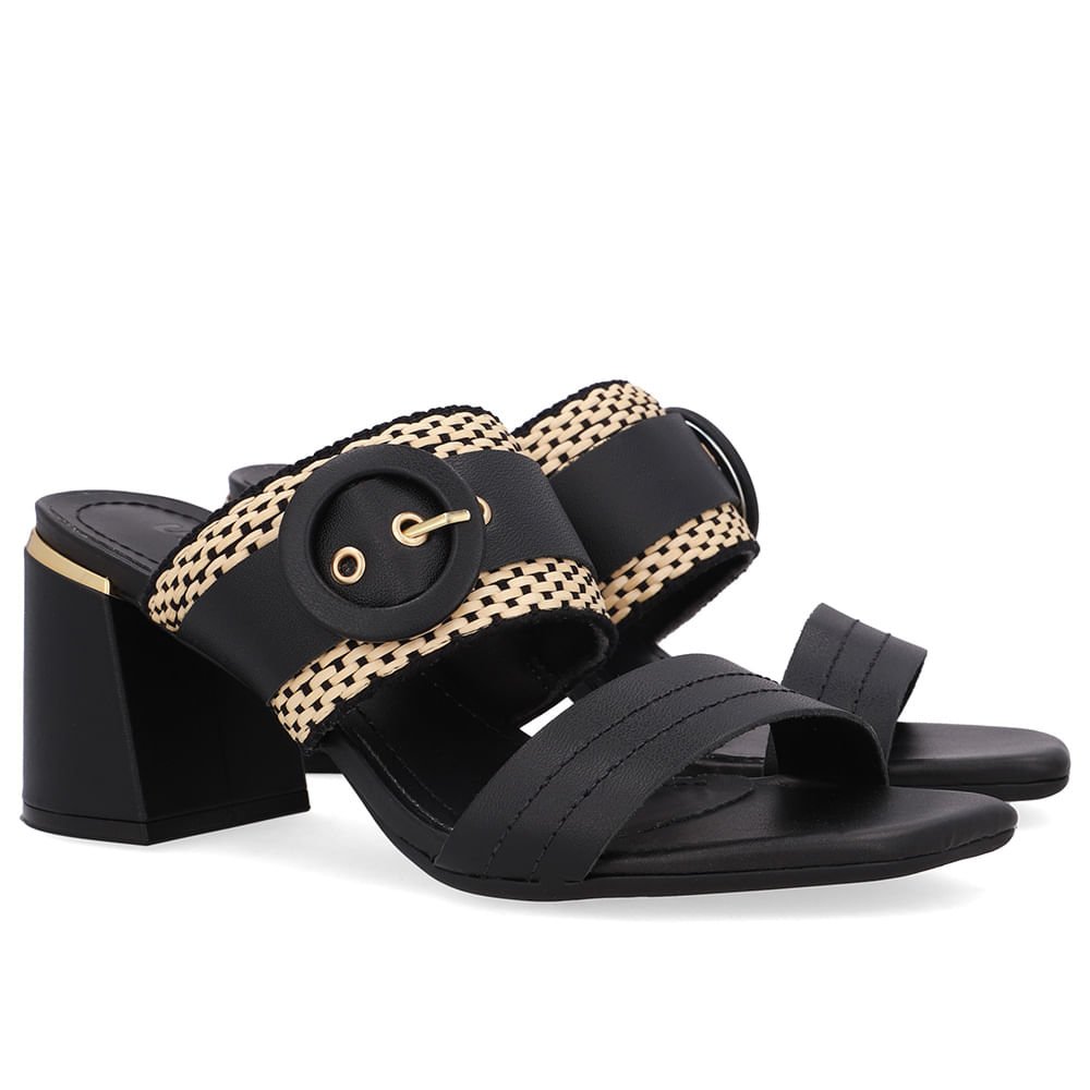 Tamanco Salto Bloco Couro Preto Palha Preto 2