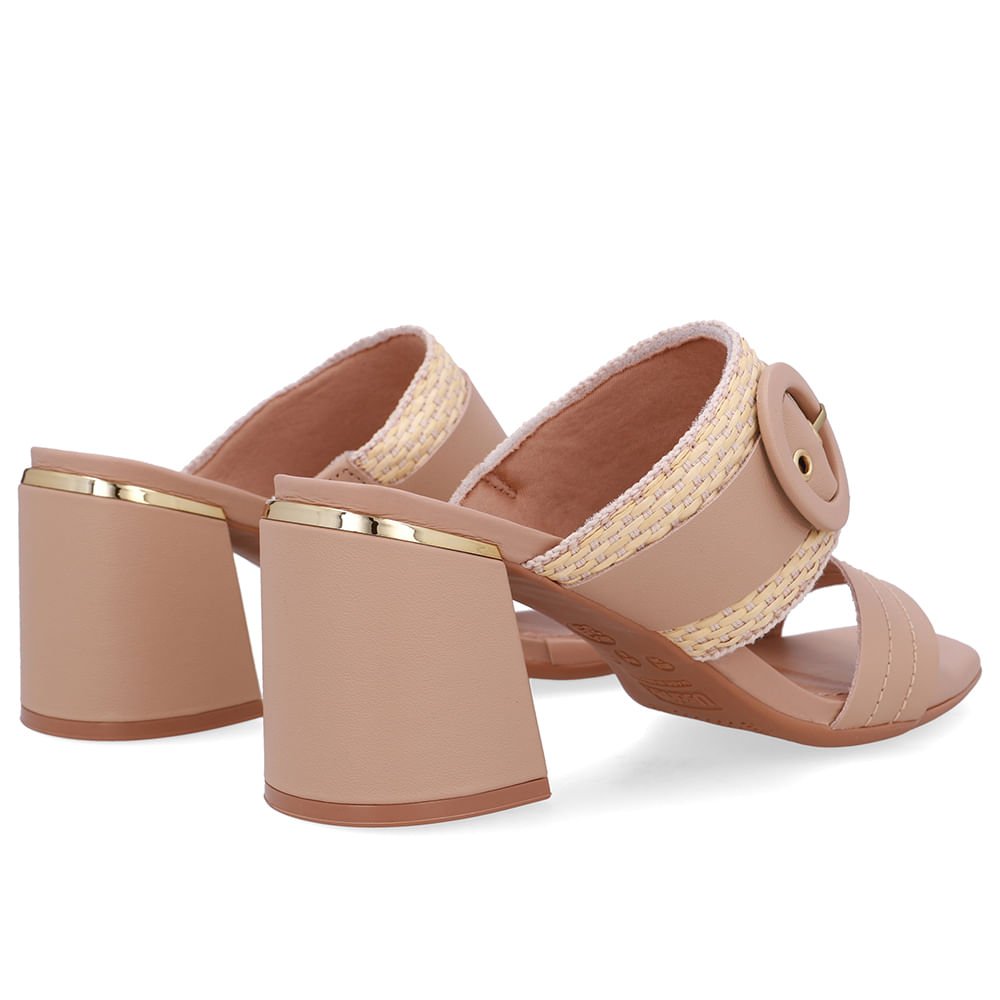 Tamanco Salto Bloco Couro Bege Palha Bege 3