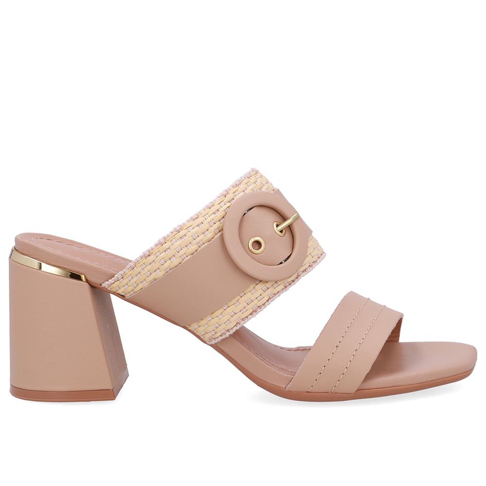 Tamanco Salto Bloco Couro Bege Palha