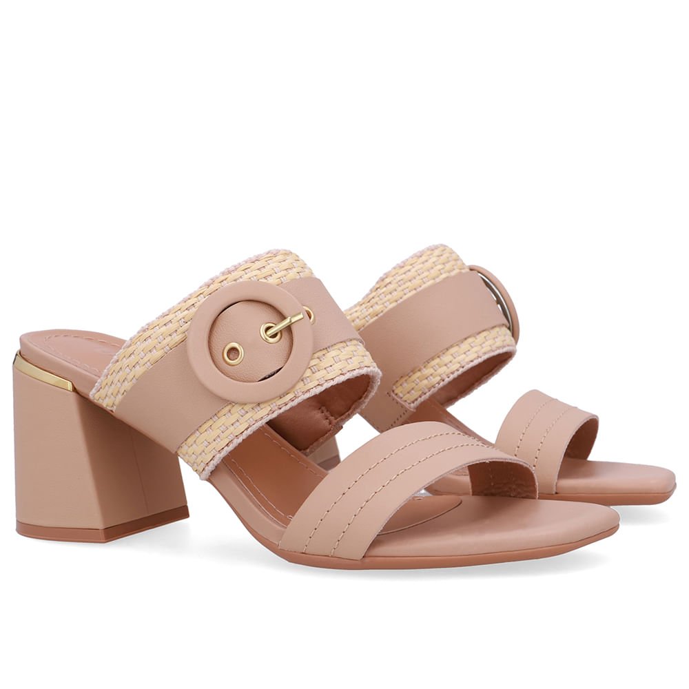 Tamanco Salto Bloco Couro Bege Palha Bege 2