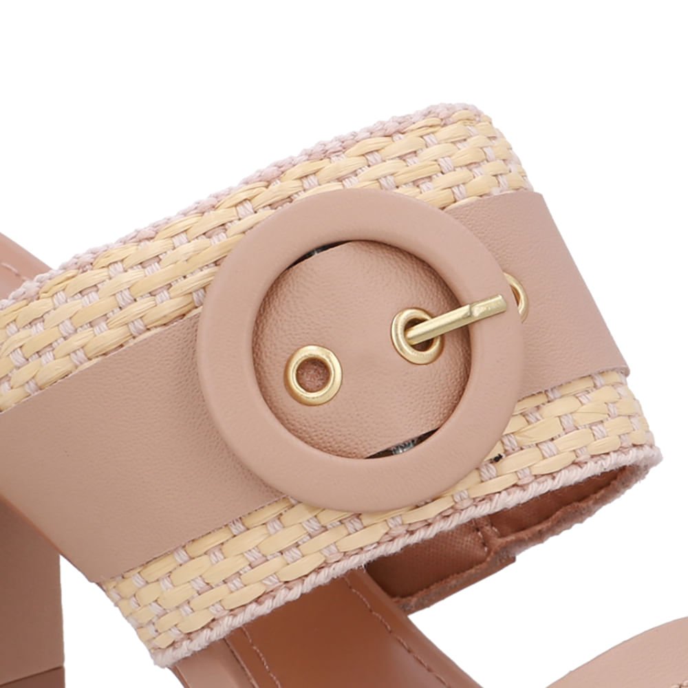 Tamanco Salto Bloco Couro Bege Palha Bege 4