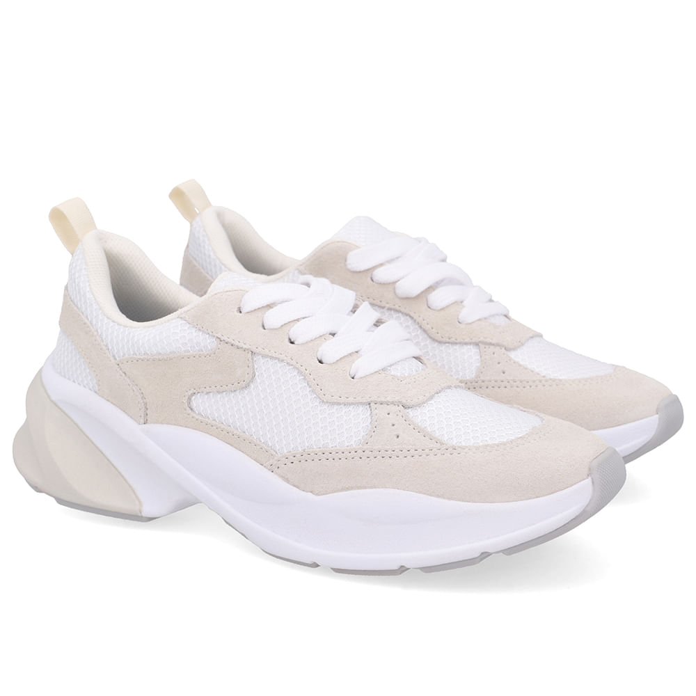 Tênis Tecido Couro Branco Gelo Cadarço Branco/Bege 2