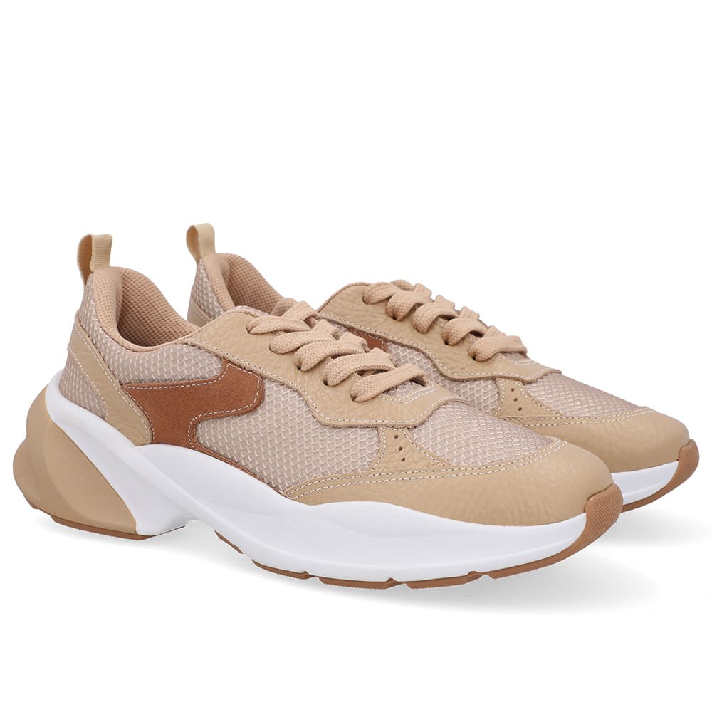 Tênis Tecido Couro Bege Cadarço Marrom/Bege 2