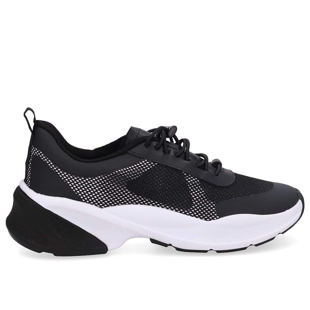 Tênis Tecido Couro Preto Cadarço Elástico