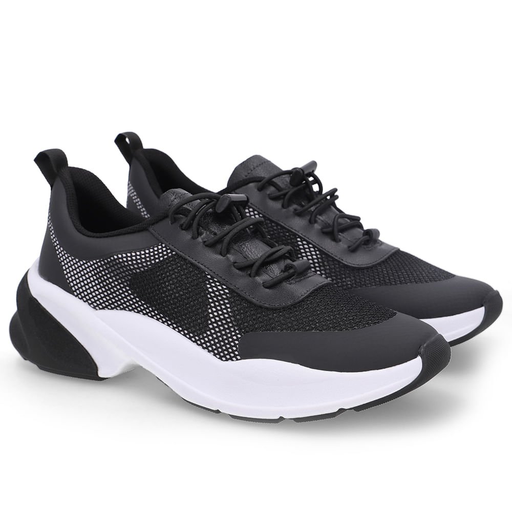 Tênis Tecido Couro Preto Cadarço Elástico Preto 2