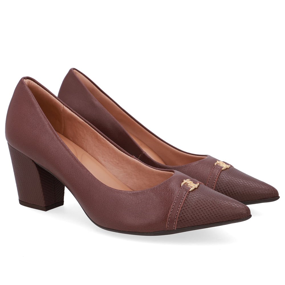 Scarpin Couro Marrom Bico Fino Enfeite Marrom 2