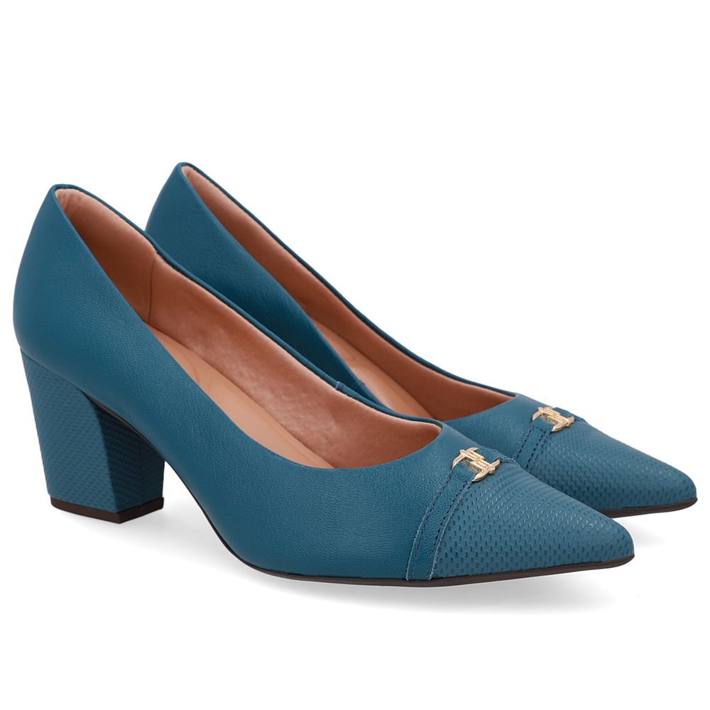 Scarpin Couro Azul Bico Fino Enfeite Verde 2