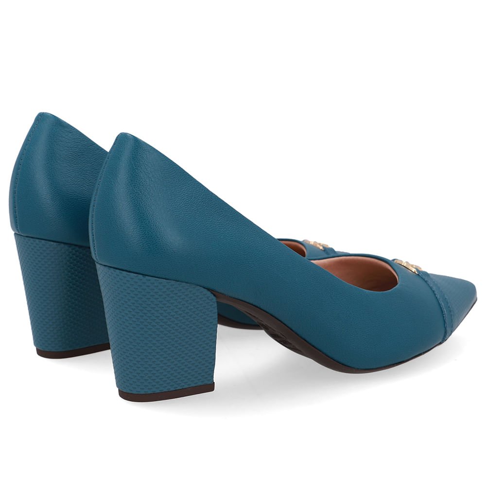 Scarpin Couro Azul Bico Fino Enfeite Verde 3