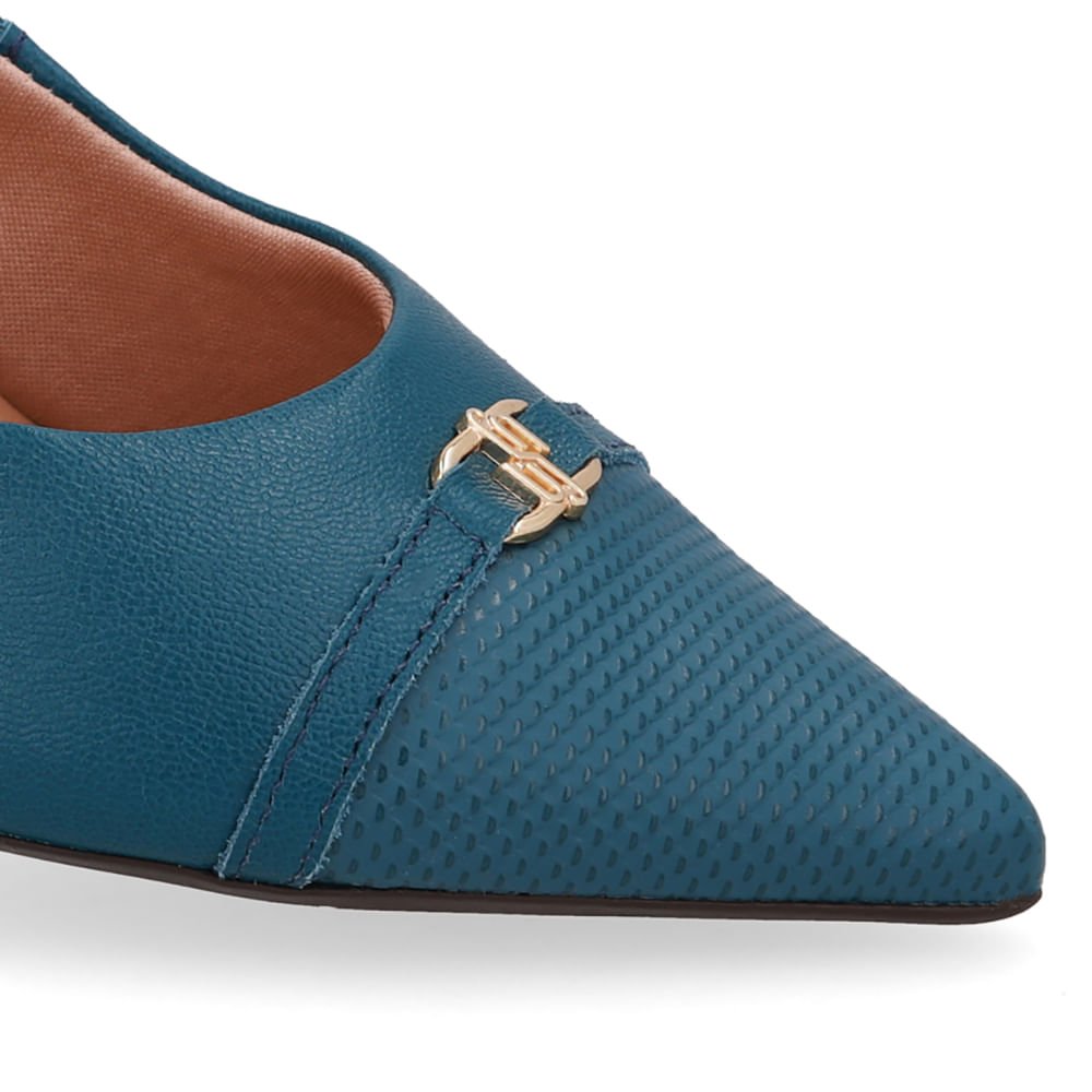 Scarpin Couro Azul Bico Fino Enfeite Verde 4