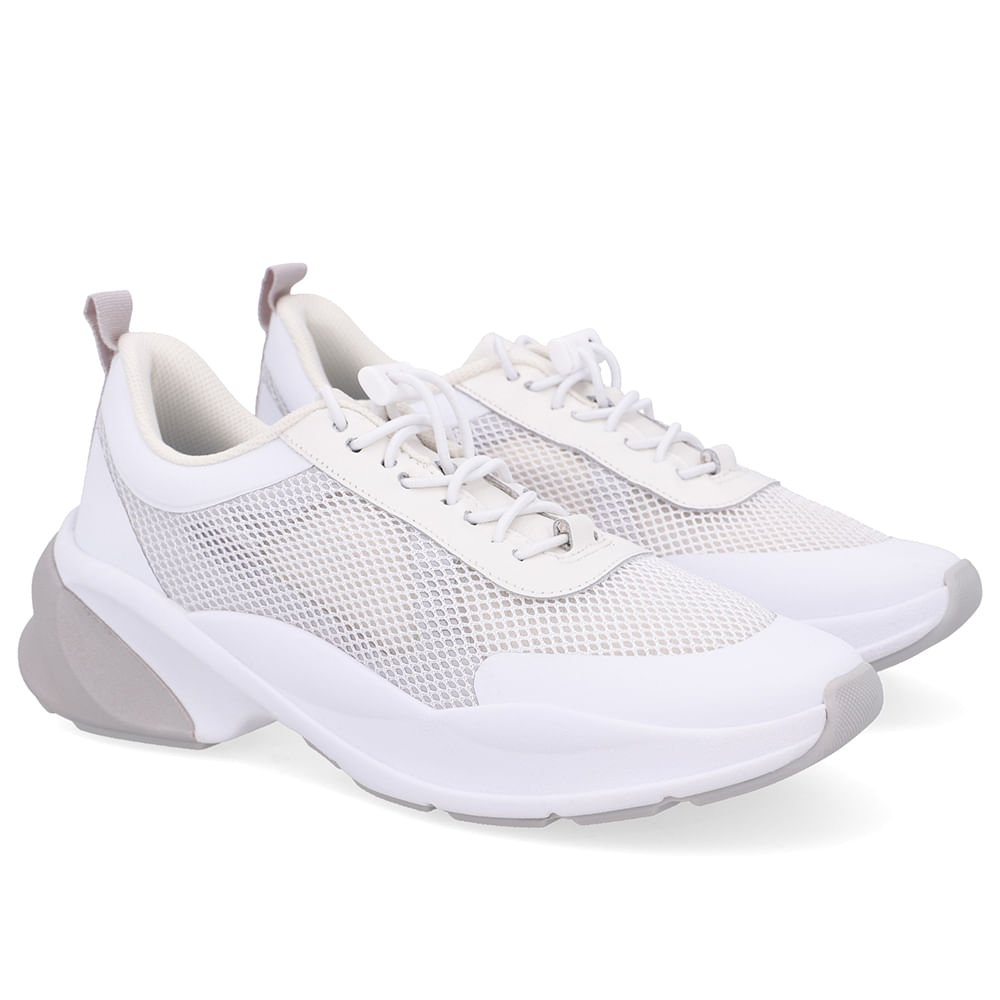 Tênis Tecido Couro Branco Cadarço Elástico Branco/Cinza 2