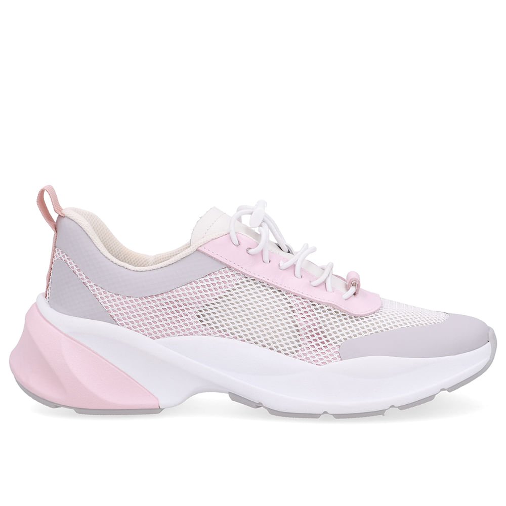 Tênis Tecido Couro Rosa Cadarço Elástico