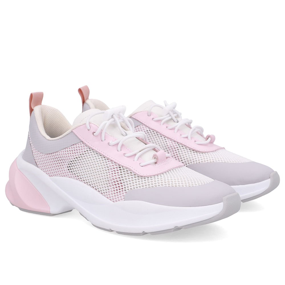 Tênis Tecido Couro Rosa Cadarço Elástico Rosa/Cinza 2