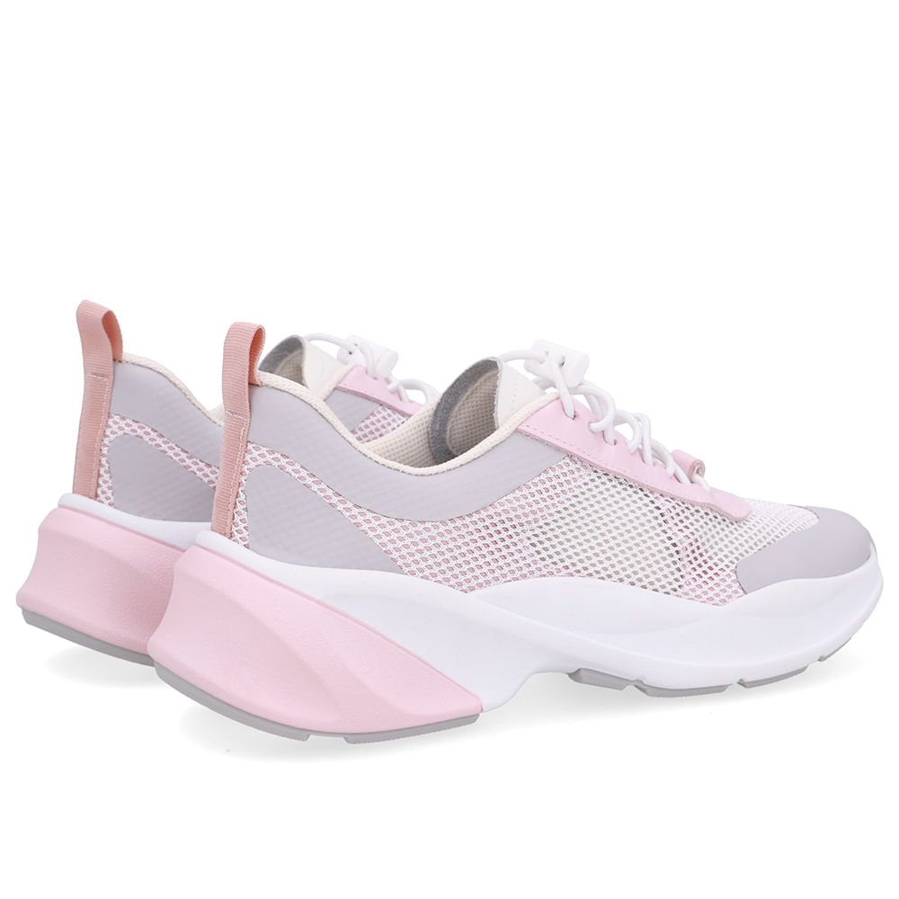 Tênis Tecido Couro Rosa Cadarço Elástico Rosa/Cinza 3
