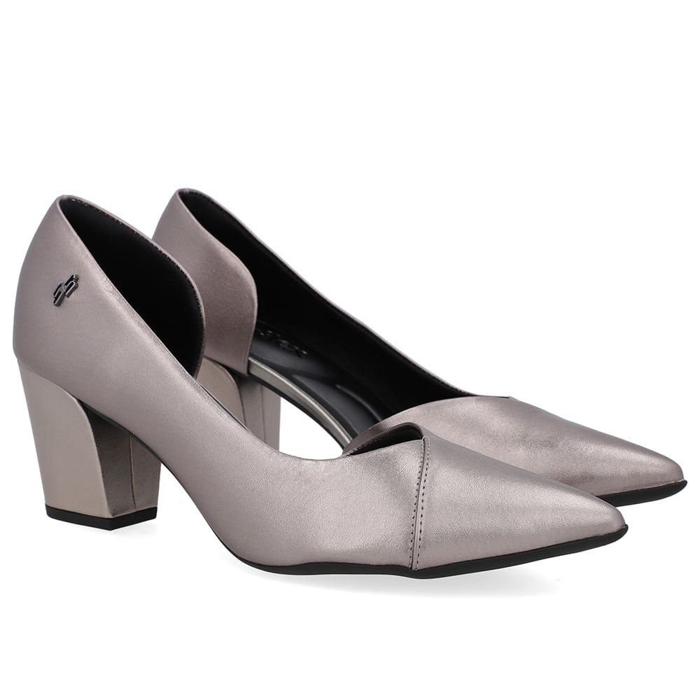 Scarpin Couro Aço Bico Fino Recorte Lateral Cinza 2