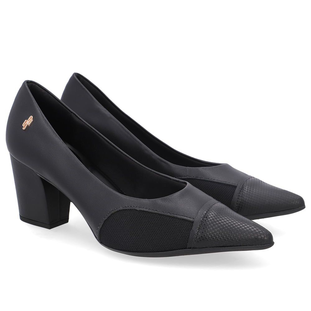 Scarpin Couro Preto Lateral Tecido Preto 2