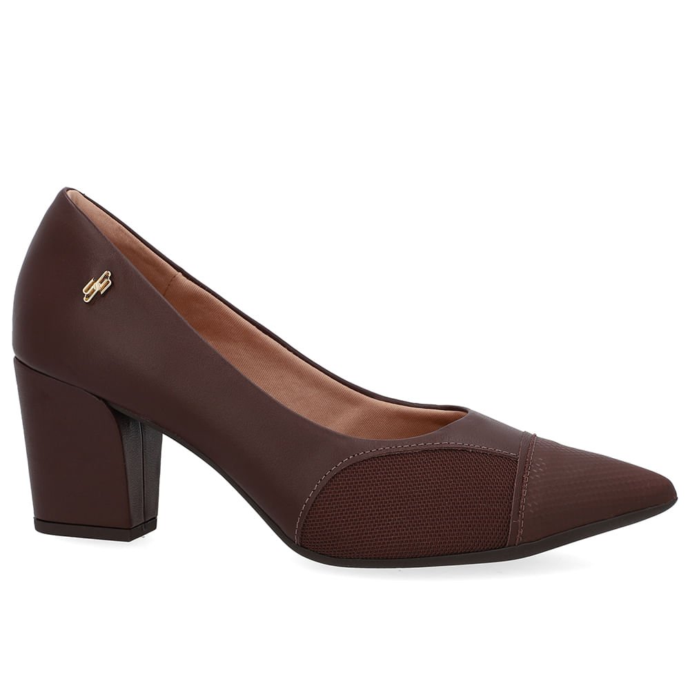 Scarpin Couro Marrom Lateral Tecido