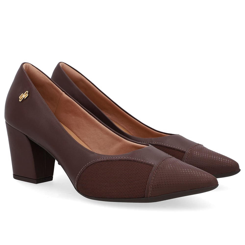 Scarpin Couro Marrom Lateral Tecido Marrom 2
