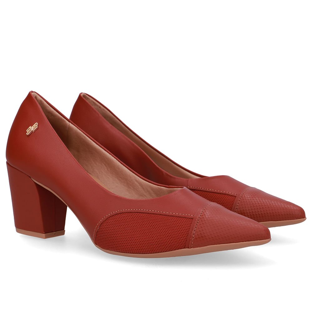 Scarpin Couro Marrom Lateral Tecido Vermelho 2