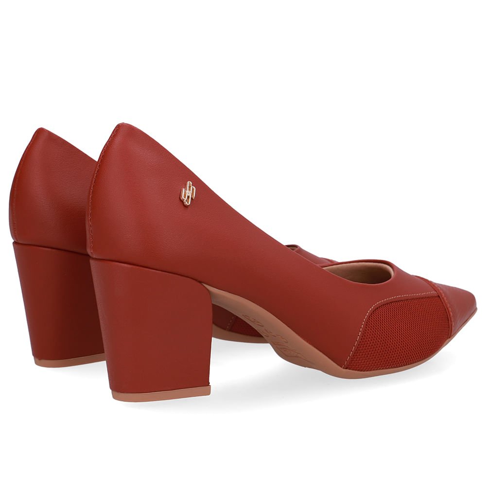 Scarpin Couro Marrom Lateral Tecido Vermelho 3