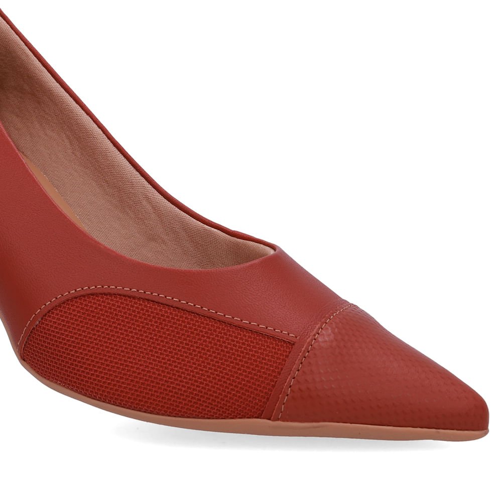 Scarpin Couro Marrom Lateral Tecido Vermelho 4