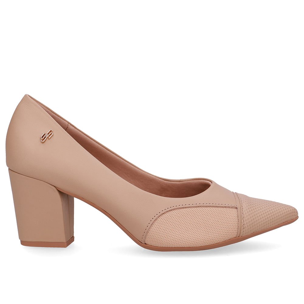 Scarpin Couro Bege Lateral Tecido