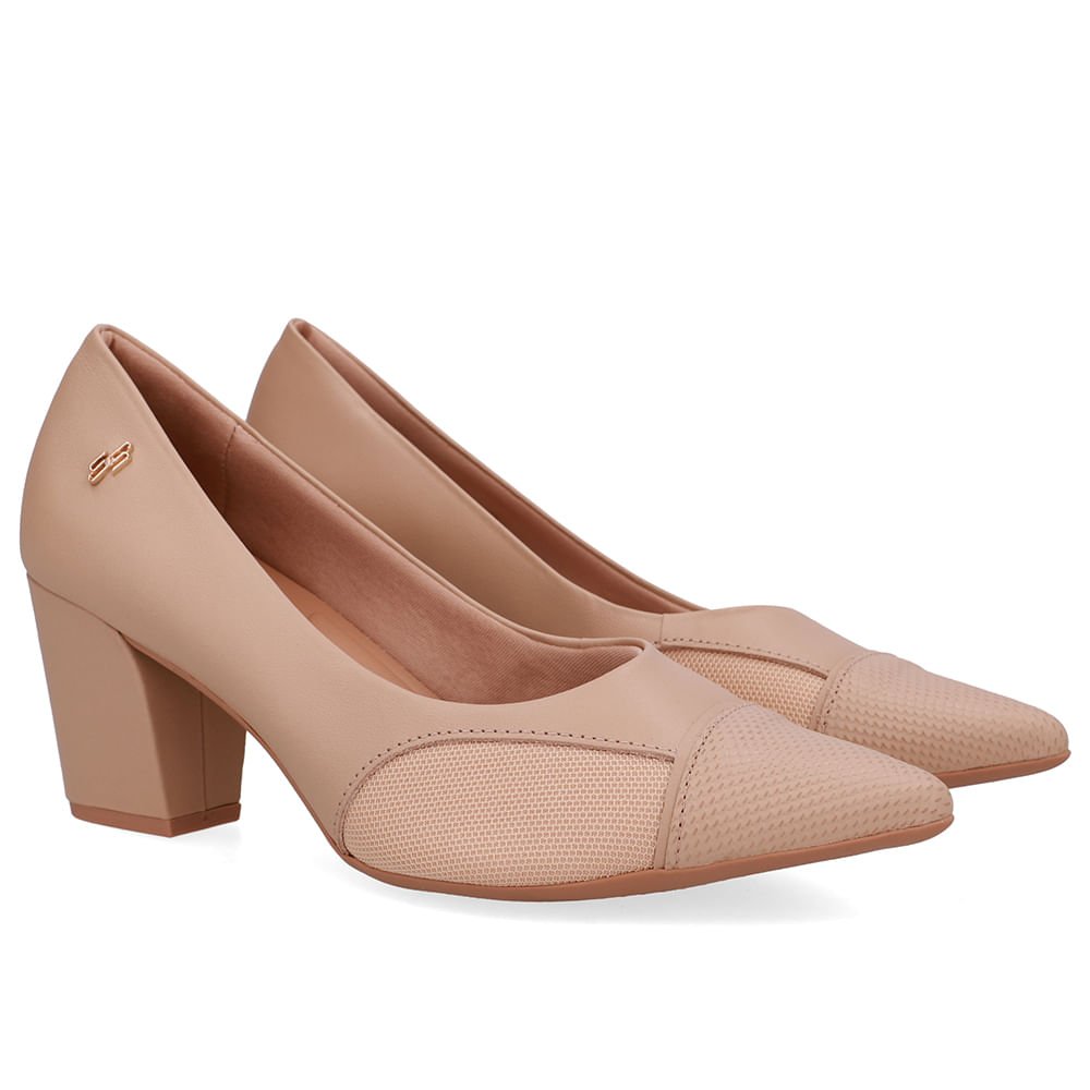 Scarpin Couro Bege Lateral Tecido Bege 2