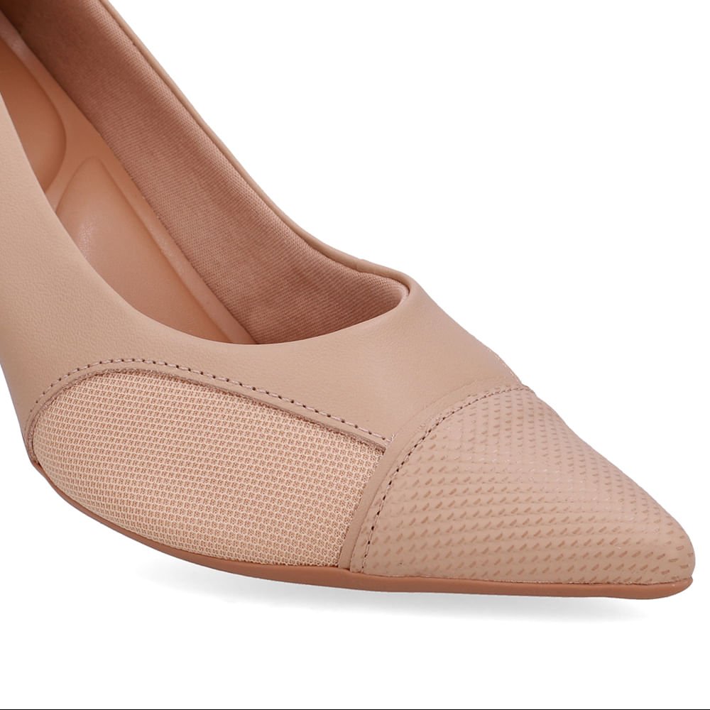 Scarpin Couro Bege Lateral Tecido Bege 4