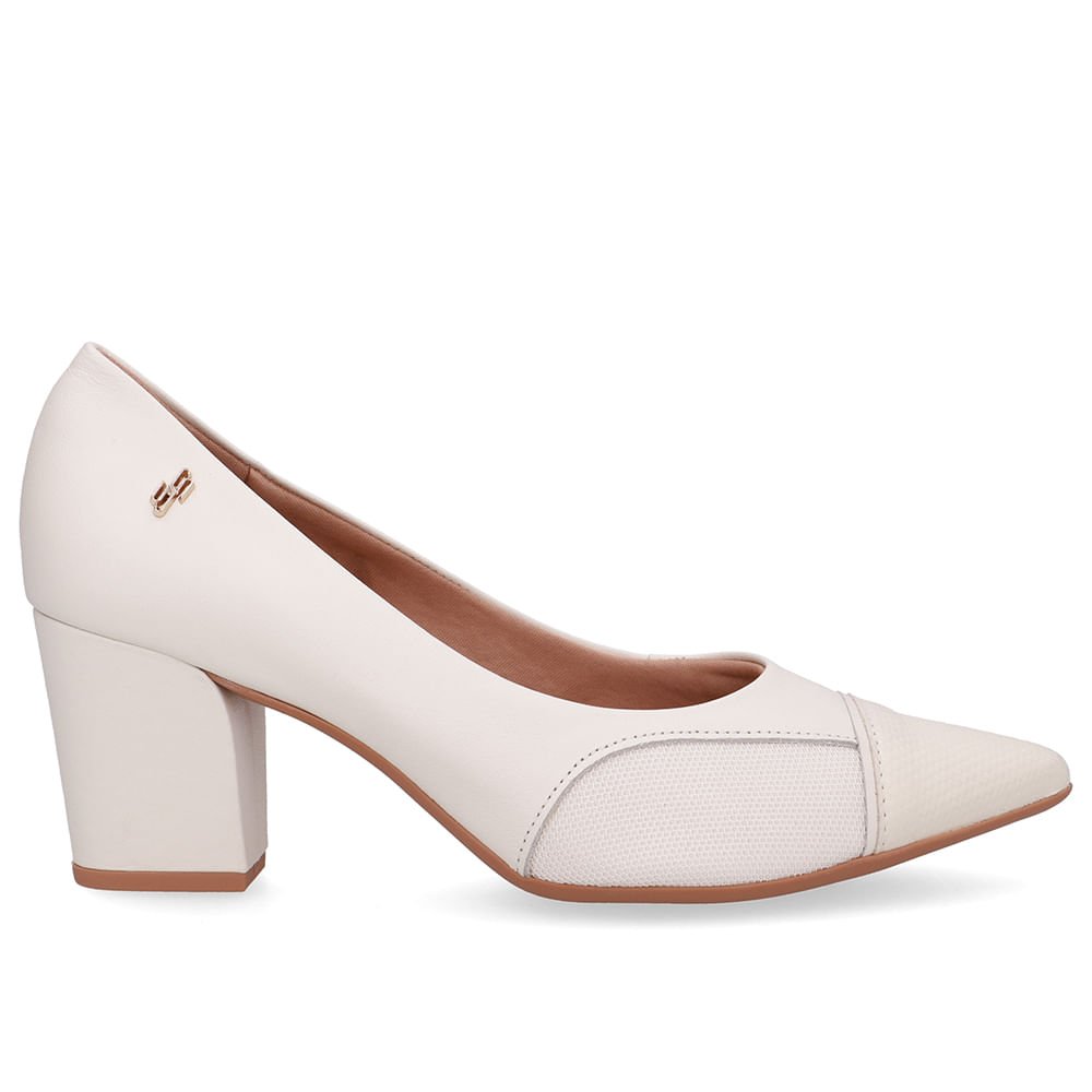 Scarpin Couro Branco Marfim Lateral Tecido