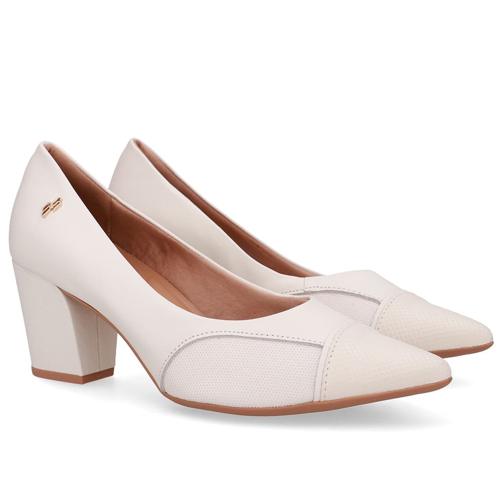 Scarpin Couro Branco Marfim Lateral Tecido Branco 2