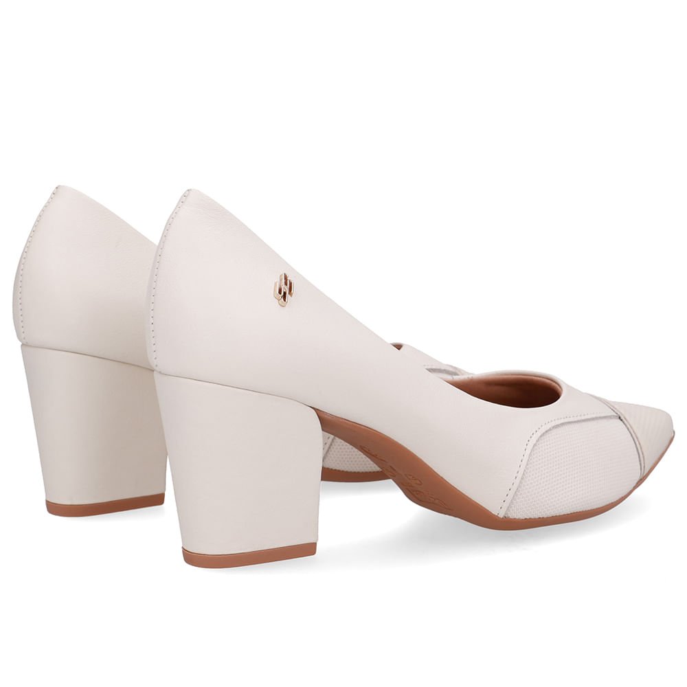 Scarpin Couro Branco Marfim Lateral Tecido Branco 3